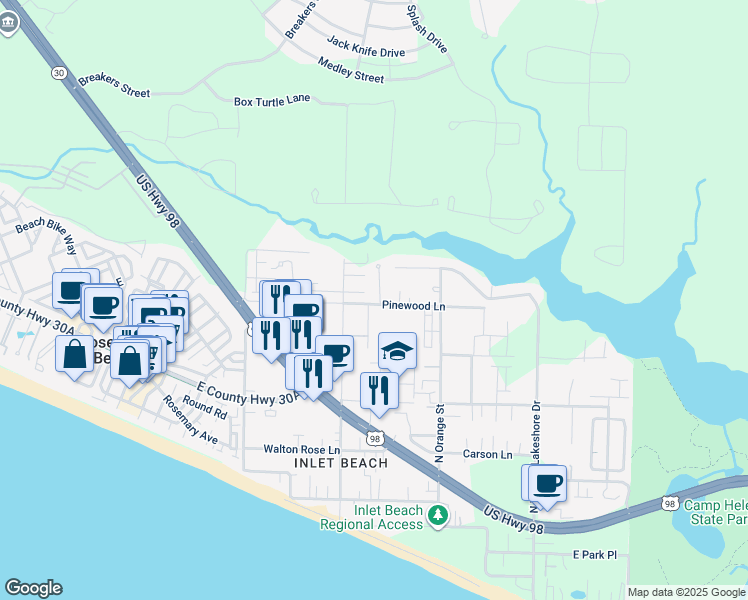 map of restaurants, bars, coffee shops, grocery stores, and more near 112 Pinewood Lane in Panama City Beach