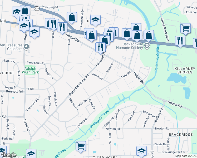 map of restaurants, bars, coffee shops, grocery stores, and more near 8080 Ibach Road in Jacksonville