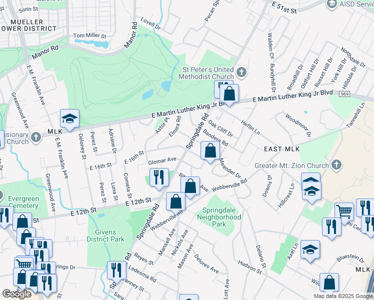map of restaurants, bars, coffee shops, grocery stores, and more near 4605 Leslie Avenue in Austin