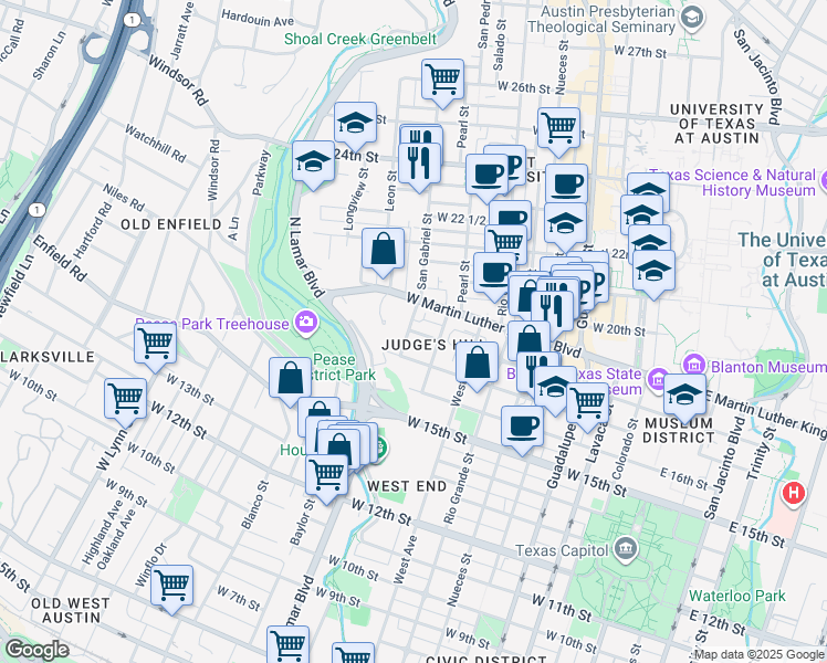 map of restaurants, bars, coffee shops, grocery stores, and more near 1001 San Gabriel Street in Austin