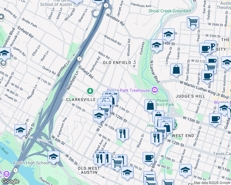 map of restaurants, bars, coffee shops, grocery stores, and more near 1524 Palma Plaza in Austin
