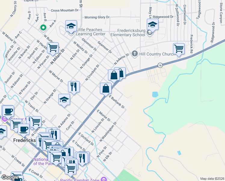 map of restaurants, bars, coffee shops, grocery stores, and more near 204 East Burbank Street in Fredericksburg