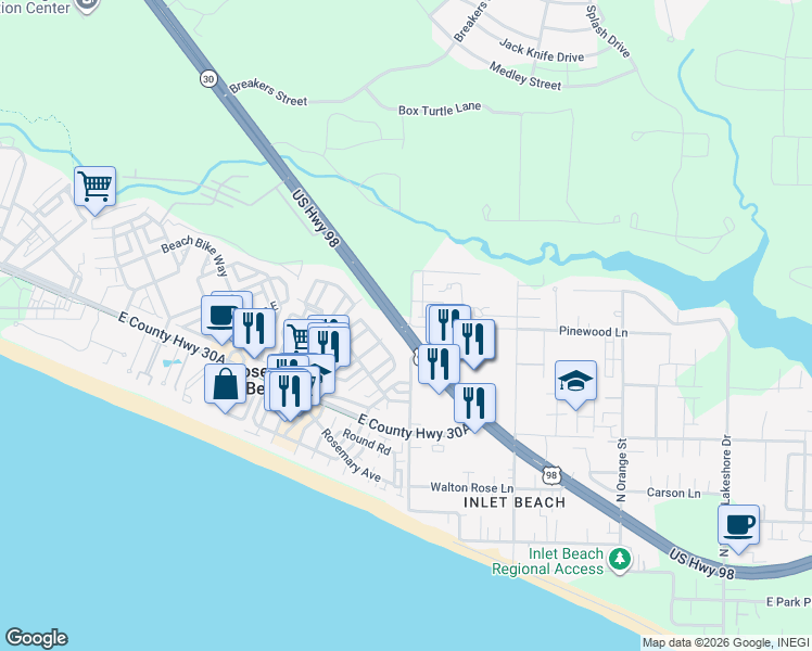 map of restaurants, bars, coffee shops, grocery stores, and more near 115 Kingston Road in Rosemary Beach