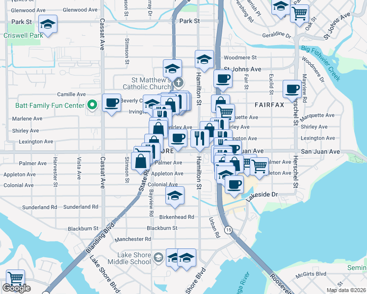 map of restaurants, bars, coffee shops, grocery stores, and more near 4570 San Juan Avenue in Jacksonville