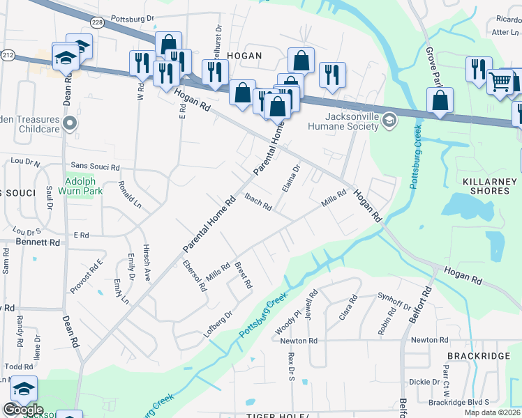map of restaurants, bars, coffee shops, grocery stores, and more near 8080 Ibach Road in Jacksonville