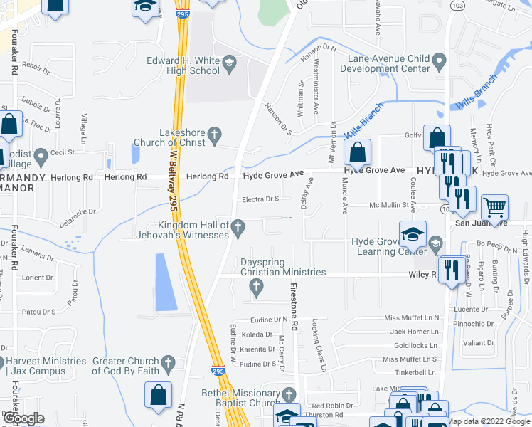 map of restaurants, bars, coffee shops, grocery stores, and more near 7250 Mimosa Grove Place in Jacksonville