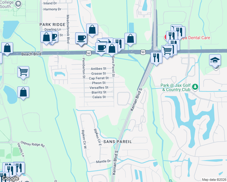 map of restaurants, bars, coffee shops, grocery stores, and more near 3622 Sans Pareil Street in Jacksonville