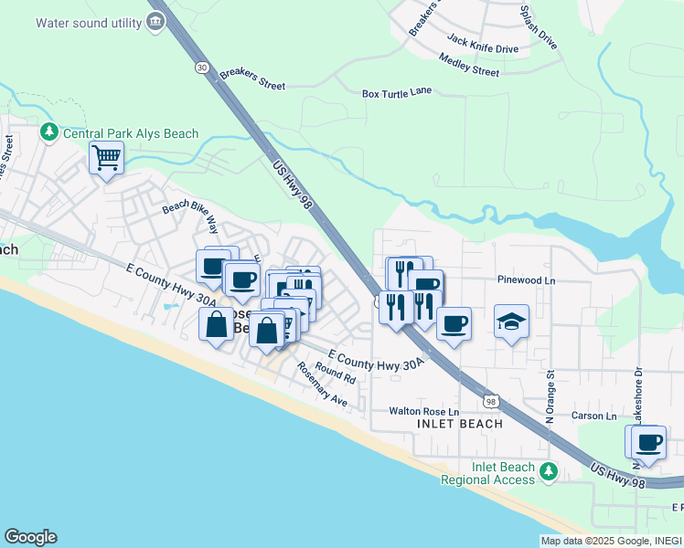 map of restaurants, bars, coffee shops, grocery stores, and more near 65 Kingston Road in Panama City Beach
