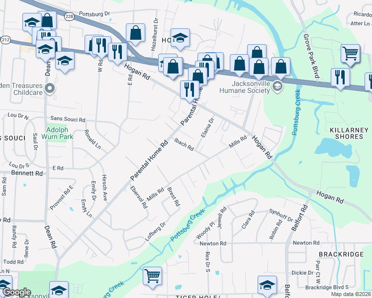 map of restaurants, bars, coffee shops, grocery stores, and more near 8080 Ibach Road in Jacksonville
