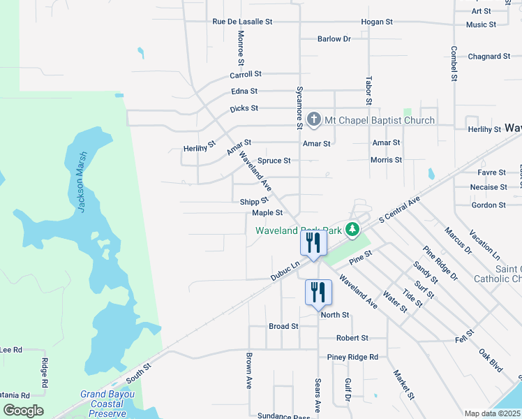 map of restaurants, bars, coffee shops, grocery stores, and more near 909 Maple Street in Waveland