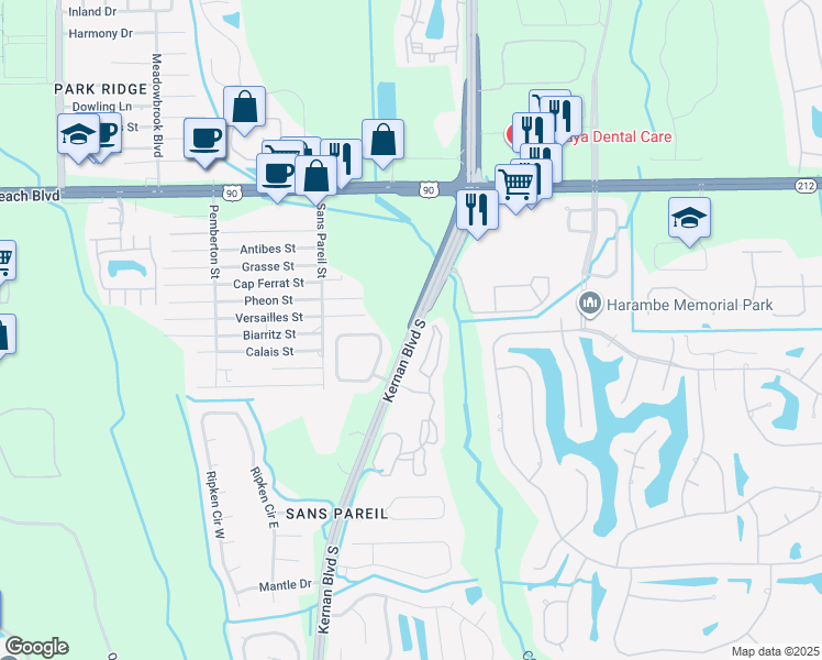 map of restaurants, bars, coffee shops, grocery stores, and more near Kernan Boulevard South in Jacksonville