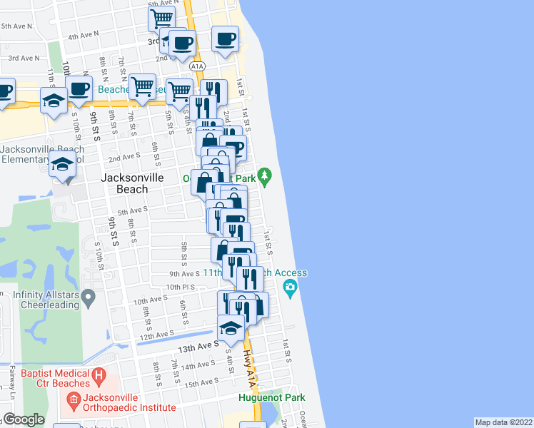 map of restaurants, bars, coffee shops, grocery stores, and more near 113 7th Avenue South in Jacksonville Beach