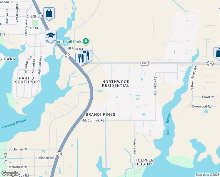 map of restaurants, bars, coffee shops, grocery stores, and more near 7309 Mary Jo Avenue in Panama City