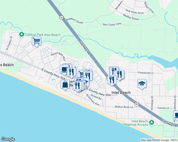 map of restaurants, bars, coffee shops, grocery stores, and more near 43 Hamilton Lane in Panama City Beach