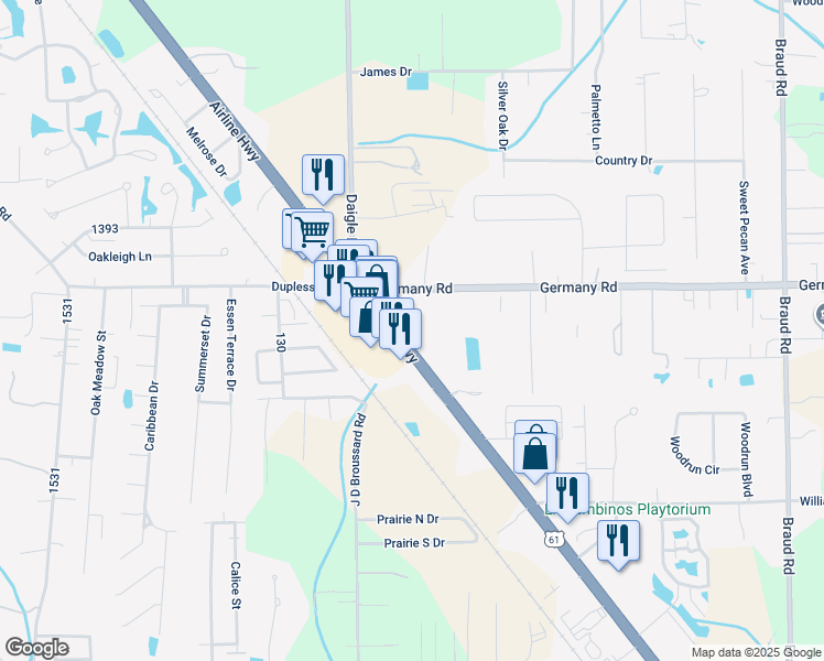 map of restaurants, bars, coffee shops, grocery stores, and more near 14590 Airline Highway in Gonzales
