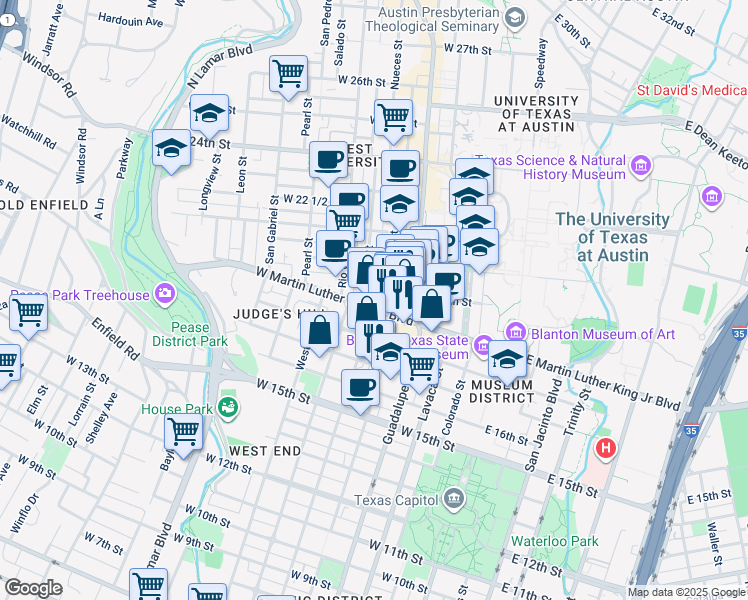 map of restaurants, bars, coffee shops, grocery stores, and more near 506 West Martin Luther King Junior Boulevard in Austin