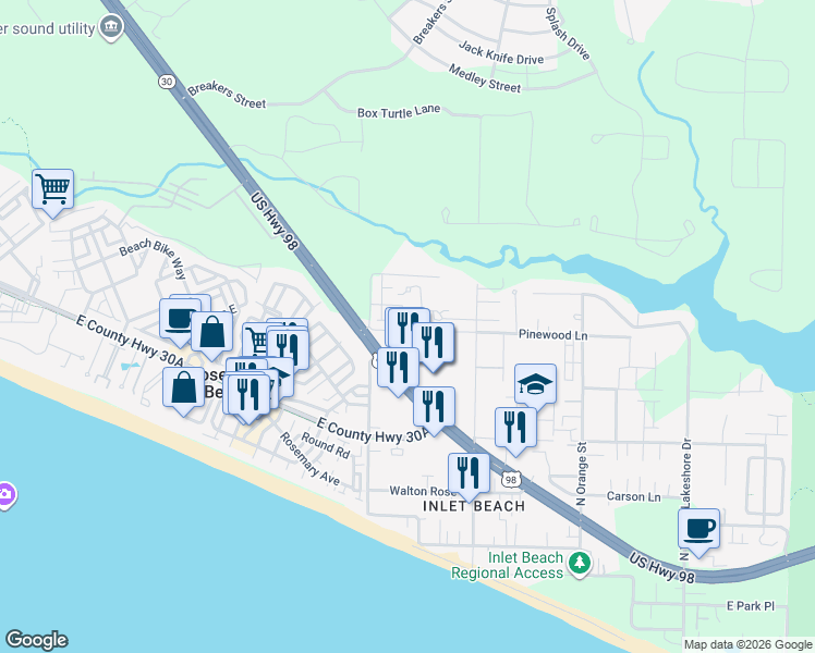 map of restaurants, bars, coffee shops, grocery stores, and more near 127 West Shore Place in Walton County