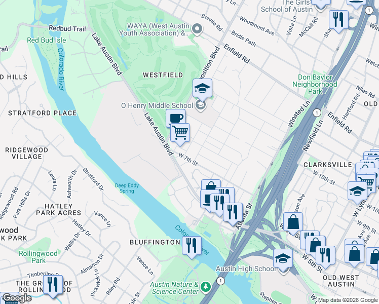 map of restaurants, bars, coffee shops, grocery stores, and more near 705 Norwalk Lane in Austin