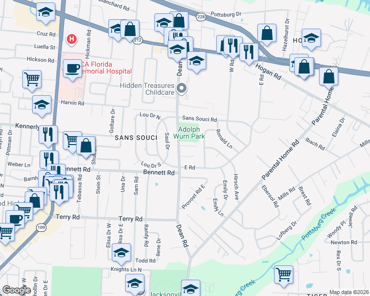 map of restaurants, bars, coffee shops, grocery stores, and more near 6725 Laralou Court in Jacksonville