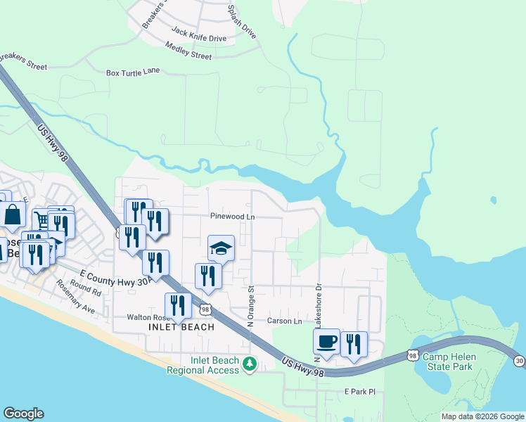 map of restaurants, bars, coffee shops, grocery stores, and more near 424 Pinewood Lane in Panama City Beach
