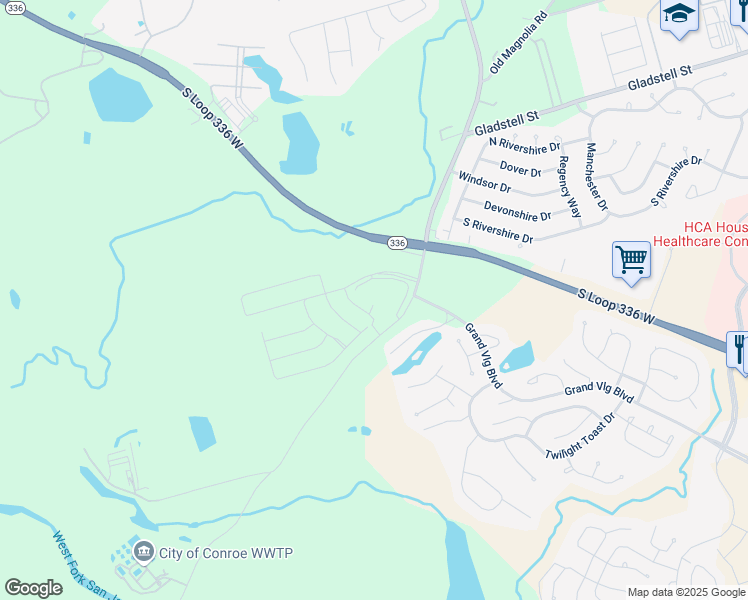 map of restaurants, bars, coffee shops, grocery stores, and more near 2275 Riverway Drive in Conroe