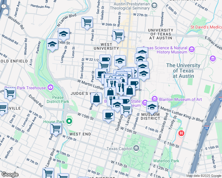 map of restaurants, bars, coffee shops, grocery stores, and more near 611 West Martin Luther King Junior Boulevard in Austin
