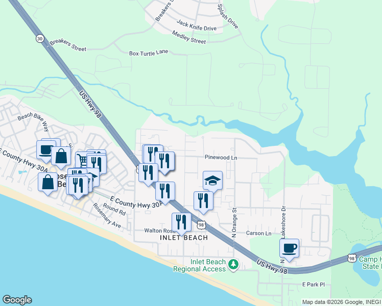 map of restaurants, bars, coffee shops, grocery stores, and more near 112 Pinewood Lane in Panama City Beach