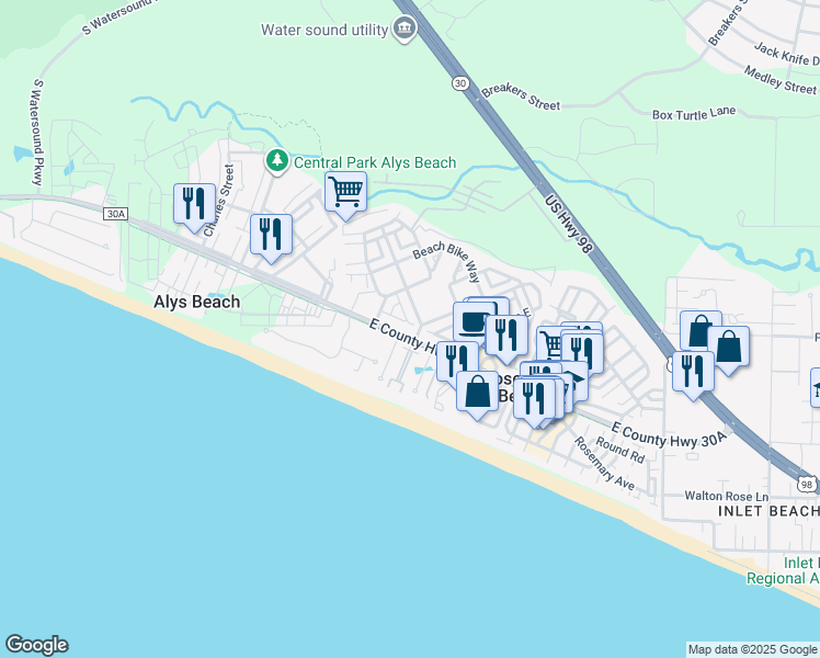 map of restaurants, bars, coffee shops, grocery stores, and more near 74 Blue Dolphin Loop in Panama City Beach