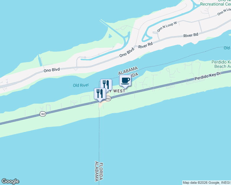 map of restaurants, bars, coffee shops, grocery stores, and more near 17351 Perdido Key Drive in Pensacola