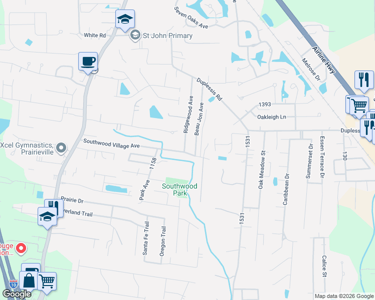 map of restaurants, bars, coffee shops, grocery stores, and more near 37543 Southwood Village Avenue in Prairieville