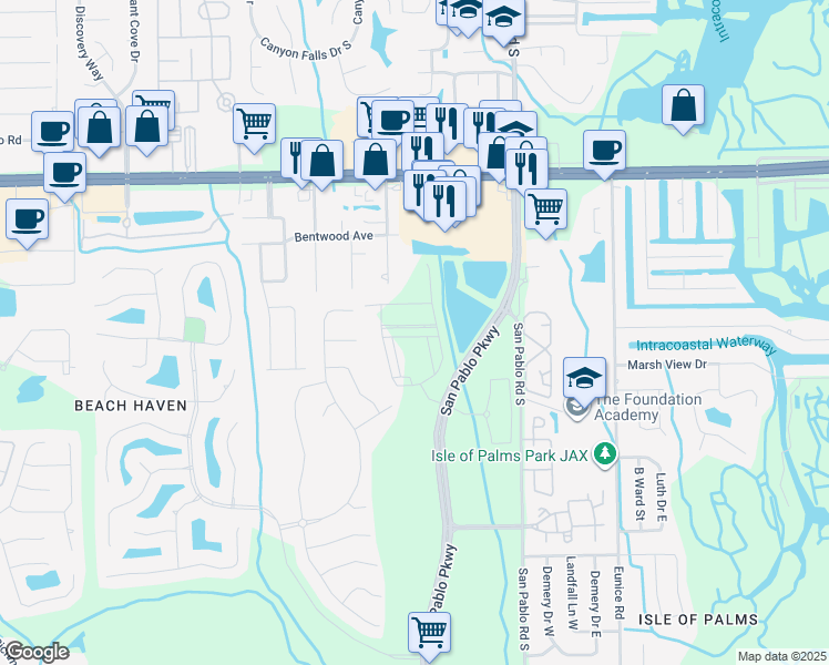 map of restaurants, bars, coffee shops, grocery stores, and more near 3461 Washburn Road in Jacksonville