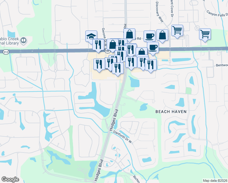map of restaurants, bars, coffee shops, grocery stores, and more near 3749 Casitas Drive in Jacksonville