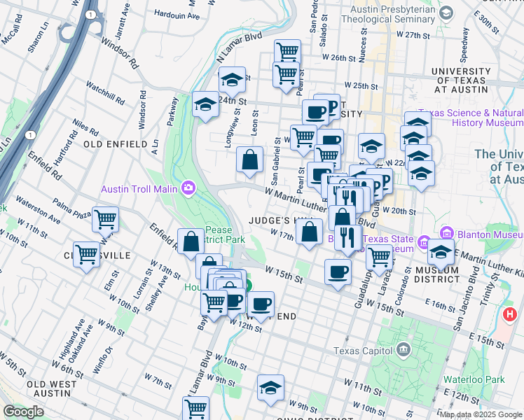 map of restaurants, bars, coffee shops, grocery stores, and more near 1001 San Gabriel Street in Austin