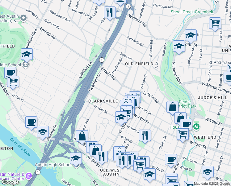 map of restaurants, bars, coffee shops, grocery stores, and more near 1640 Waterston Avenue in Austin