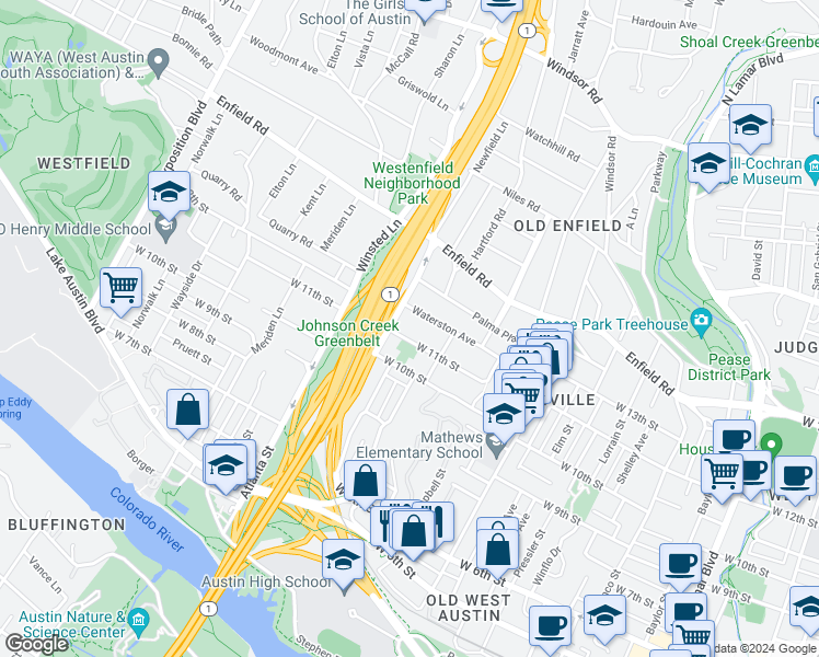map of restaurants, bars, coffee shops, grocery stores, and more near 1809 West 11th Street in Austin