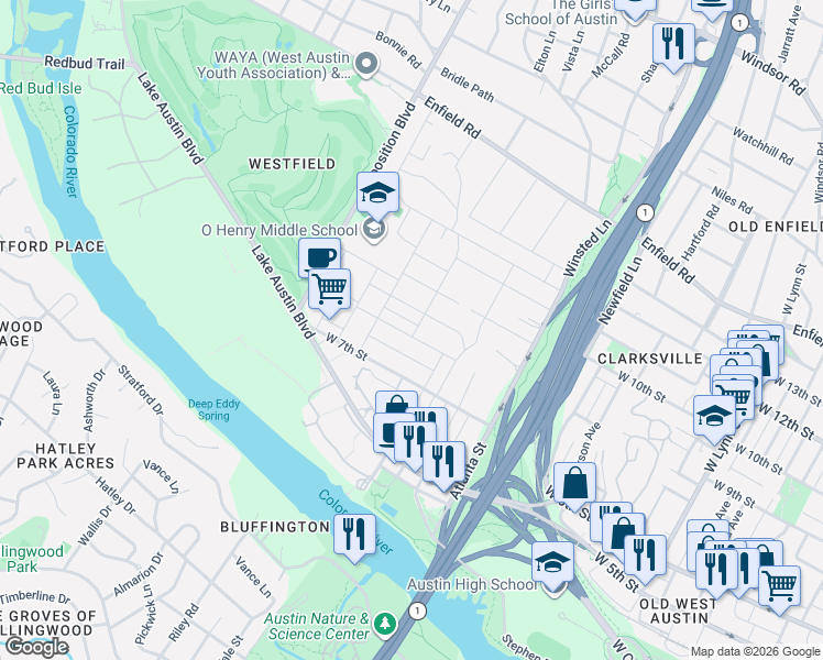 map of restaurants, bars, coffee shops, grocery stores, and more near 2402 Pruett Street in Austin