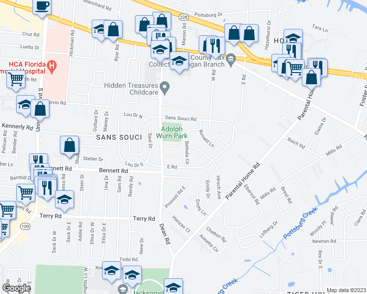 map of restaurants, bars, coffee shops, grocery stores, and more near 2182 Belinda Circle in Jacksonville