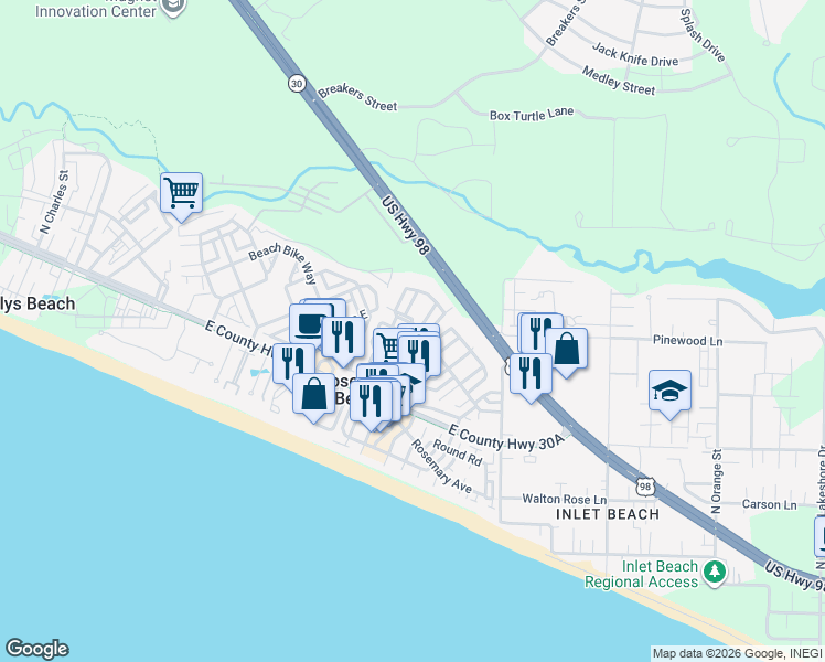 map of restaurants, bars, coffee shops, grocery stores, and more near 51 West Water Street in Rosemary Beach