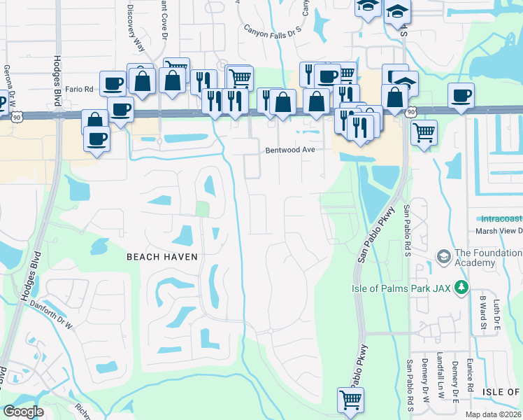map of restaurants, bars, coffee shops, grocery stores, and more near 3538 Claridge Road East in Jacksonville