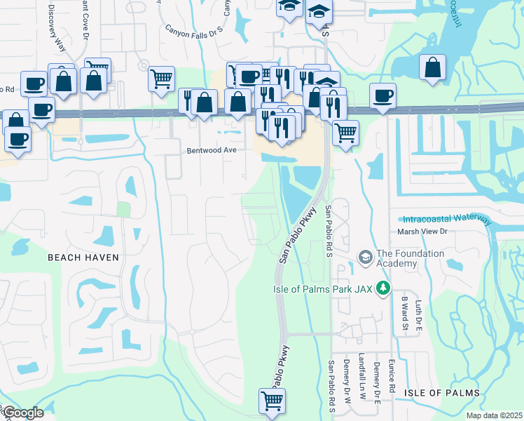 map of restaurants, bars, coffee shops, grocery stores, and more near 3461 Washburn Road in Jacksonville