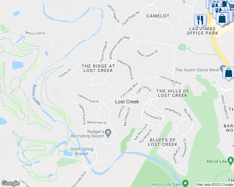 map of restaurants, bars, coffee shops, grocery stores, and more near 6304 Whitemarsh Valley Walk in Austin