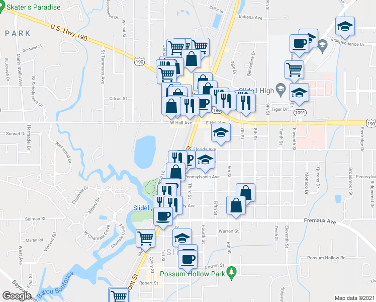 map of restaurants, bars, coffee shops, grocery stores, and more near 1404 Front Street in Slidell