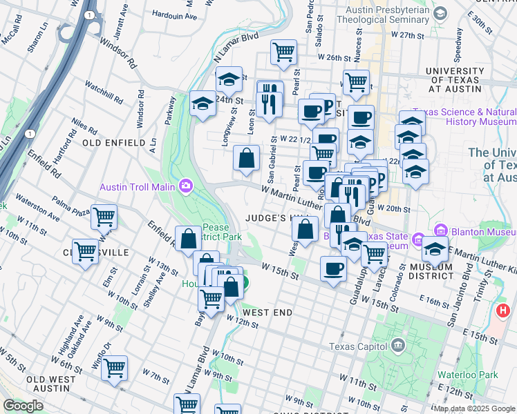 map of restaurants, bars, coffee shops, grocery stores, and more near 1001 San Gabriel Street in Austin