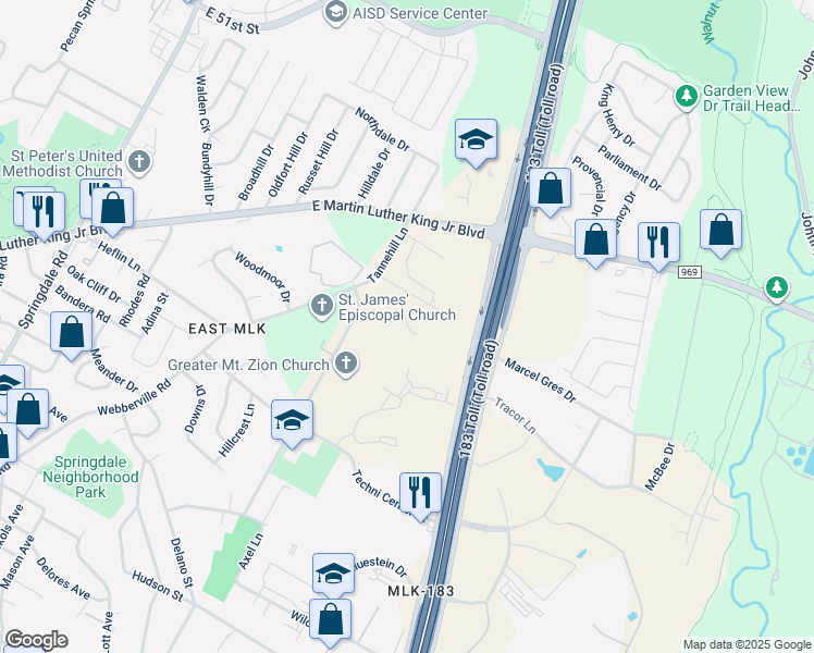 map of restaurants, bars, coffee shops, grocery stores, and more near 5700 Tracor Lane in Austin