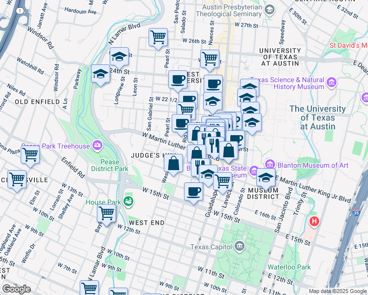 map of restaurants, bars, coffee shops, grocery stores, and more near Rio Grande Street in Austin