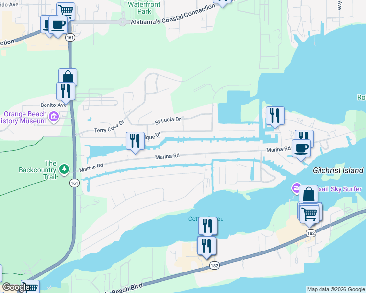 map of restaurants, bars, coffee shops, grocery stores, and more near 26557 Marina Road in Orange Beach