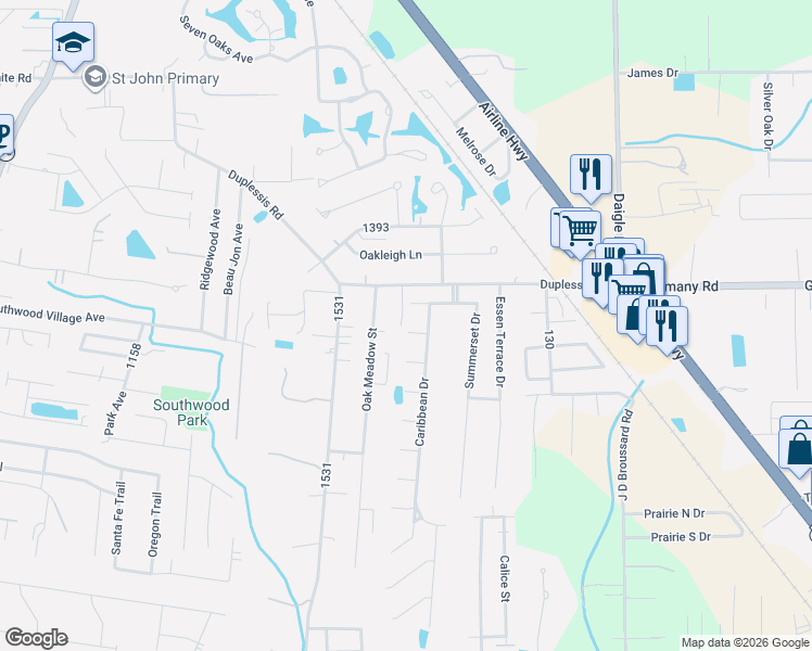 map of restaurants, bars, coffee shops, grocery stores, and more near 38349 Saint Thomas Court in Gonzales