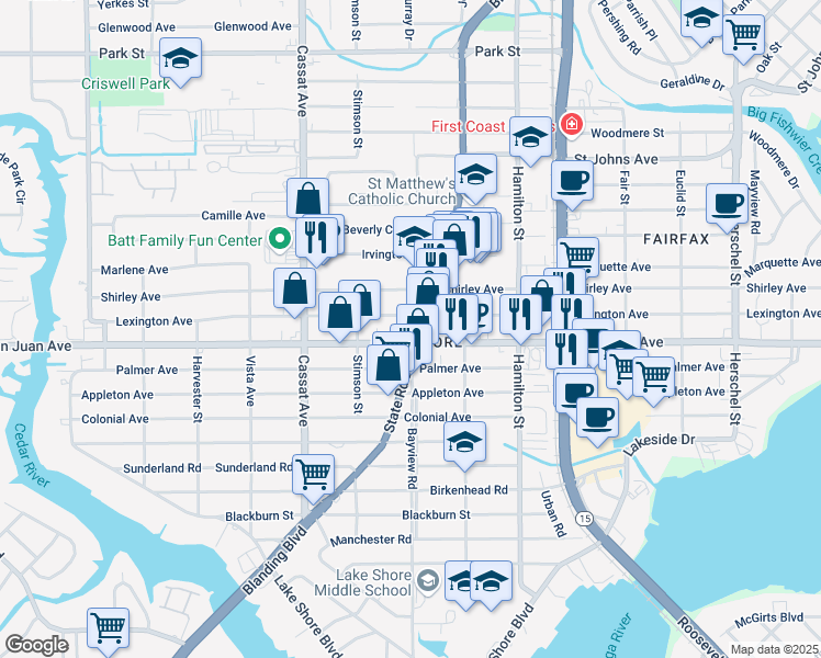 map of restaurants, bars, coffee shops, grocery stores, and more near in Jacksonville