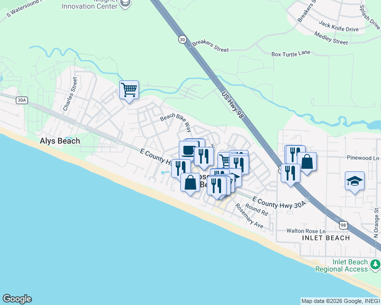 map of restaurants, bars, coffee shops, grocery stores, and more near 10343 East County Highway 30A in Rosemary Beach