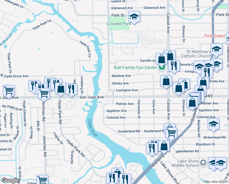 map of restaurants, bars, coffee shops, grocery stores, and more near 5350 Lexington Avenue in Jacksonville